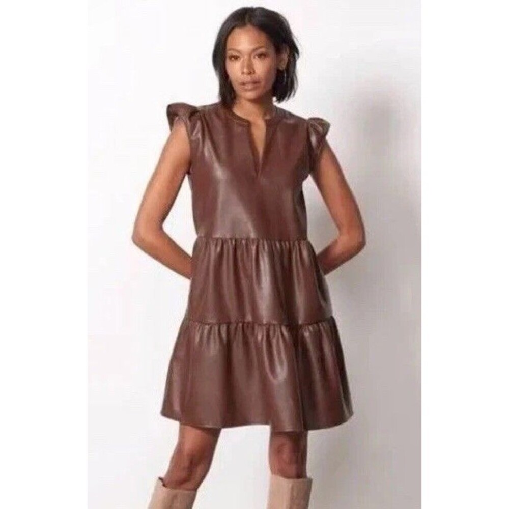 EVEREVE Ella Brown Faux Leather Tiered Babydoll Dress Sz M Boho Chic City Edgy